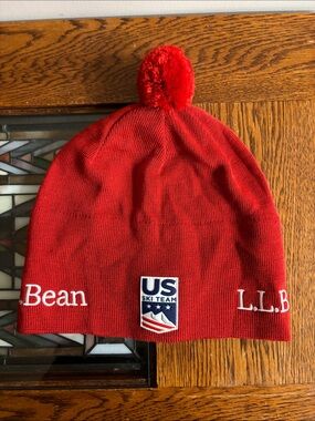 L.L. Bean Red Pom Beanie with US Ski Team Patch